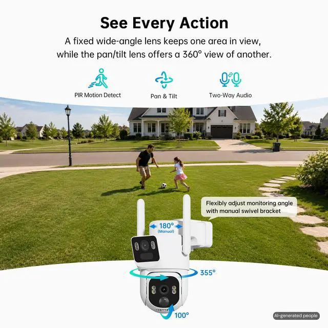 Alt view image 3 of 7 - Dual Lens 4G LTE Cellular Security Camera, 2K HD Video, No WiFi Needed, 360° View Camera with Night Vision, Easy to Install, PIR Alarm, Built-in SIM Card(Supports Verizon/AT&T/T-Mobile) - White