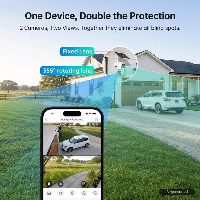 Alt view image 2 of 7 - Dual Lens 4G LTE Cellular Security Camera, 2K HD Video, No WiFi Needed, 360° View Camera with Night Vision, Easy to Install, PIR Alarm, Built-in SIM Card(Supports Verizon/AT&T/T-Mobile) - White