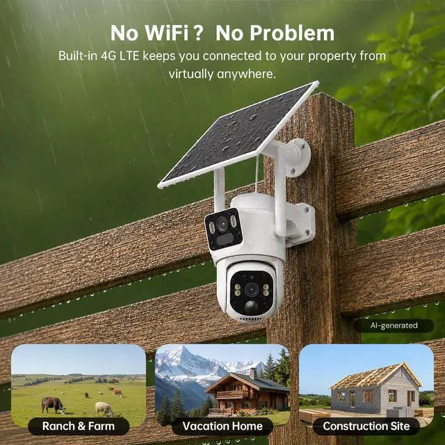 Alt view image 4 of 7 - Dual Lens 4G LTE Cellular Security Camera, 2K HD Video, No WiFi Needed, 360° View Camera with Night Vision, Easy to Install, PIR Alarm, Built-in SIM Card(Supports Verizon/AT&T/T-Mobile) - White