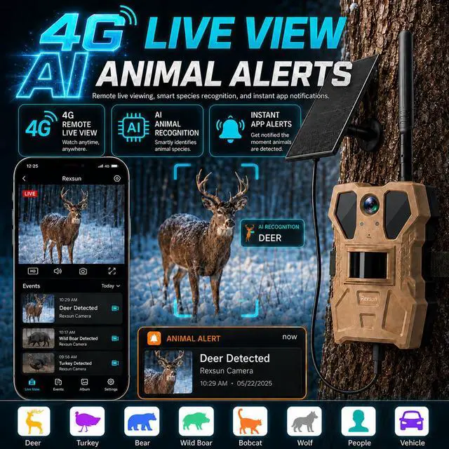 Alt view image 2 of 7 - 4G Cellular Trail Camera w/Live Feed, AI Detection for Deer, 33MP Photo 2K HD Video, Solar-Powered Live Streaming Game Camera No-Glow IR Flash, 120° FOV, IP65 Waterproof, 32GB SD Card Included