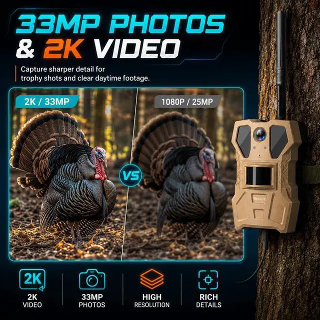 Alt view image 4 of 7 - 4G Cellular Trail Camera w/Live Feed, AI Detection for Deer, 33MP Photo 2K HD Video, Solar-Powered Live Streaming Game Camera No-Glow IR Flash, 120° FOV, IP65 Waterproof, 32GB SD Card Included