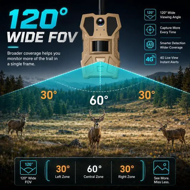 Alt view image 6 of 7 - 4G Cellular Trail Camera w/Live Feed, AI Detection for Deer, 33MP Photo 2K HD Video, Solar-Powered Live Streaming Game Camera No-Glow IR Flash, 120° FOV, IP65 Waterproof, 32GB SD Card Included