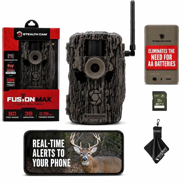 Main image of Fusion MAX Cellular Trail Camera - 36MP Photo & 720P HD Video, 0.35 Sec Trigger, 80FT IR Range, Dual SIM AT&T & Verizon, Command Pro App, FieldMAX Lithium Battery + 32GB SD Card + Cloth