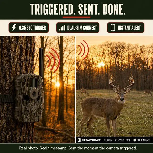 Alt view image 4 of 7 - Fusion MAX Cellular Trail Camera - 36MP Photo & 720P HD Video, 0.35 Sec Trigger, 80FT IR Range, Dual SIM AT&T & Verizon, Command Pro App, FieldMAX Lithium Battery + 32GB SD Card + Cloth