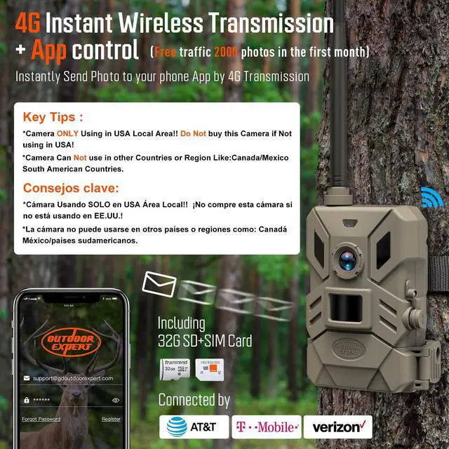 Alt view image 2 of 7 - 4G Cellular Trail Camera,36MP Hunting Camera with No Glow 940nm IR Led Night Vision,HD Video IP66 Waterproof Game Cam,90FT Flash Range Wildlife Monitor