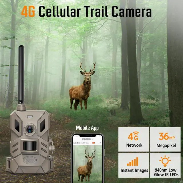 Alt view image 3 of 7 - 4G Cellular Trail Camera,36MP Hunting Camera with No Glow 940nm IR Led Night Vision,HD Video IP66 Waterproof Game Cam,90FT Flash Range Wildlife Monitor
