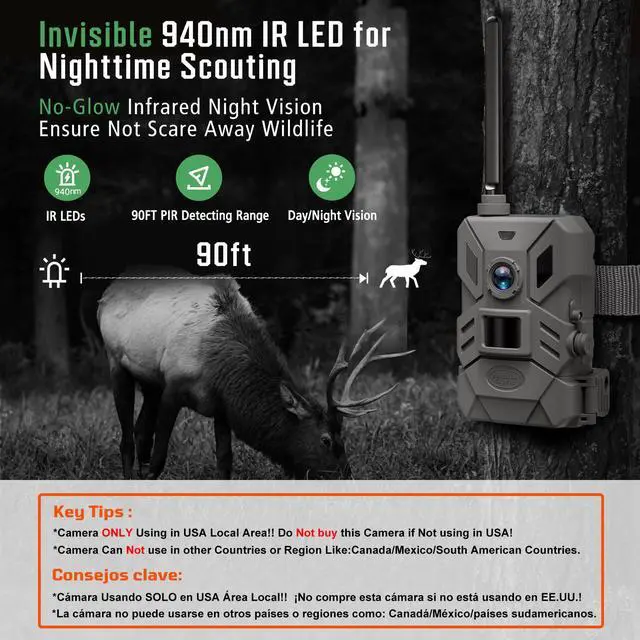 Alt view image 4 of 7 - 4G Cellular Trail Camera,36MP Hunting Camera with No Glow 940nm IR Led Night Vision,HD Video IP66 Waterproof Game Cam,90FT Flash Range Wildlife Monitor