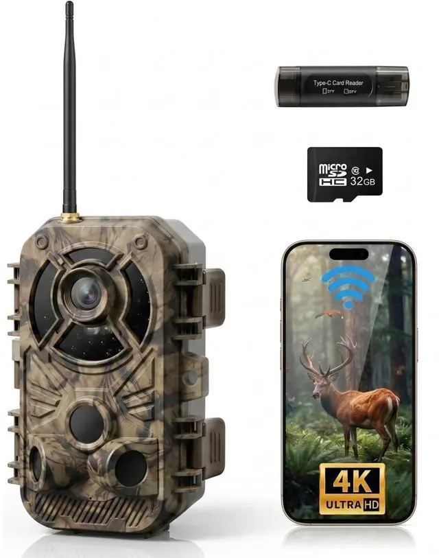 Main image of WiFi Trail Camera 4K 48MP, Night Vision Game Camera for Wildlife Hunting, 0.1s Trigger IP66 Waterproof (32GB Card Included)