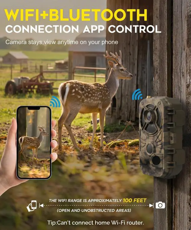 Alt view image 2 of 7 - WiFi Trail Camera 4K 48MP, Night Vision Game Camera for Wildlife Hunting, 0.1s Trigger IP66 Waterproof (32GB Card Included)