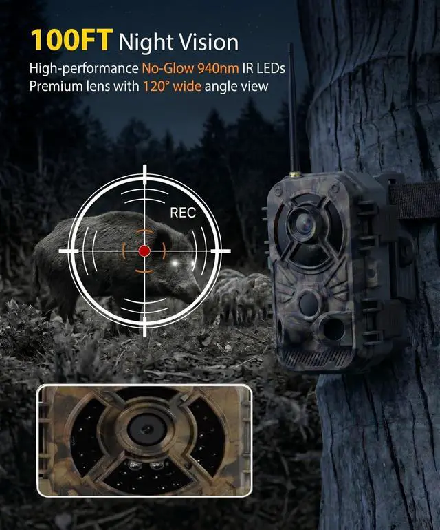Alt view image 4 of 7 - WiFi Trail Camera 4K 48MP, Night Vision Game Camera for Wildlife Hunting, 0.1s Trigger IP66 Waterproof (32GB Card Included)