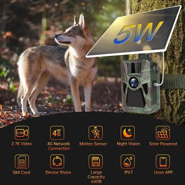 Alt view image 2 of 6 - Solar 4G Cellular Trail Camera 4K 48MP, Built-in 7500mAh Battery, Auto Nationwide Connection, Night Vision, Hunting Game Cam for Wildlife, Security & Surveillance