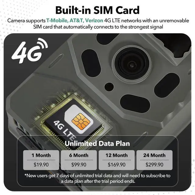 Alt view image 2 of 7 - Cellular Trail Camera 4G Unlimited Data Plan Built-in SIM Card 2K Live Feed Game Camera 0.2s Trigger Solar Powered Trail Camera with Night Vision Motion Activated Waterproof IP66