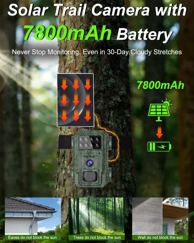 Alt view image 7 of 7 - 4G Cellular Trail Camera-with 4K 48MP Wide Angle 120 Degree,Night Vision up to 100FT, Solar Powered Hunting Camera with SD Storage, IP68 Waterproof, Motion Activated Wildlife Camera