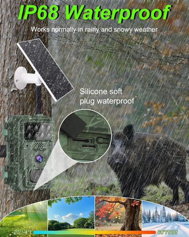 Alt view image 6 of 7 - 4G Cellular Trail Camera-with 4K 48MP Wide Angle 120 Degree,Night Vision up to 100FT, Solar Powered Hunting Camera with SD Storage, IP68 Waterproof, Motion Activated Wildlife Camera
