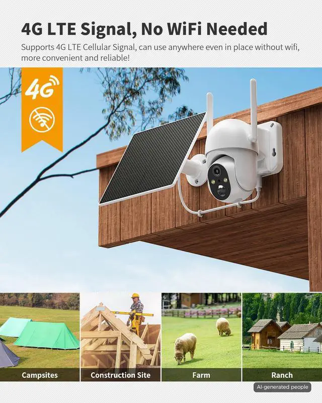 Alt view image 2 of 7 - 4G LTE Cellular Security Camera Includes SIM Card(Support Verizon/AT&T/T-Mobile), 2K Solar Outdoor Cam Wireless Without WiFi Needed, 360° Live View, Color Night Vision