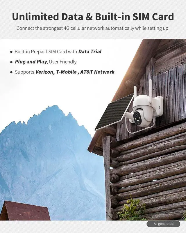 Alt view image 3 of 7 - 4G LTE Cellular Security Camera Includes SIM Card(Support Verizon/AT&T/T-Mobile), 2K Solar Outdoor Cam Wireless Without WiFi Needed, 360° Live View, Color Night Vision