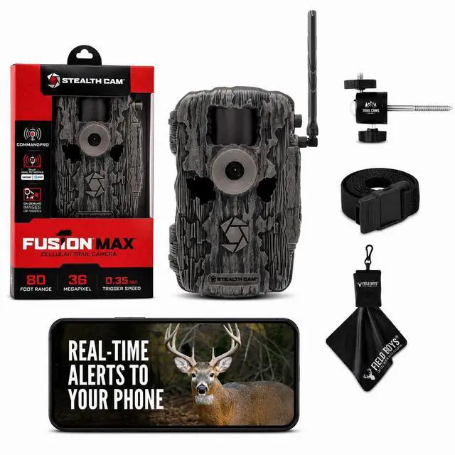 Main image of Fusion MAX Cellular Trail Camera Bundle with Tree Mount - 36MP Photo & 720P HD Video, 0.35 Sec Trigger, 80FT IR Range, Dual SIM AT&T & Verizon, App Controlled Hunting Game Camera + Cloth
