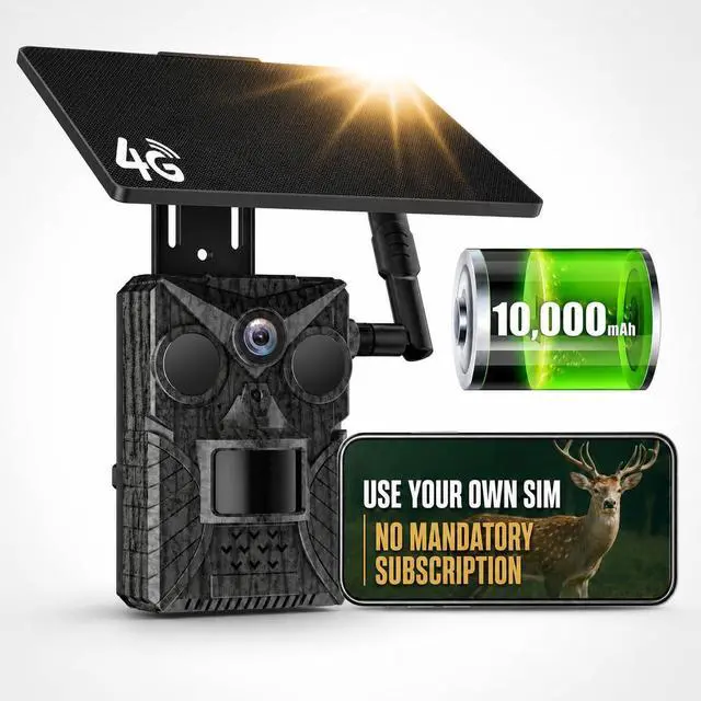 Main image of 4G LTE Trail Camera with Solar Panel, 33MP Photos&2K Video, No WiFi Cellular Game Camera with You Own SIM Support, AI Wildlife Detection, Remote APP Access for Deer Hunting, Farm&Outdoor Security
