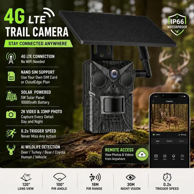 Alt view image 2 of 7 - 4G LTE Trail Camera with Solar Panel, 33MP Photos&2K Video, No WiFi Cellular Game Camera with You Own SIM Support, AI Wildlife Detection, Remote APP Access for Deer Hunting, Farm&Outdoor Security