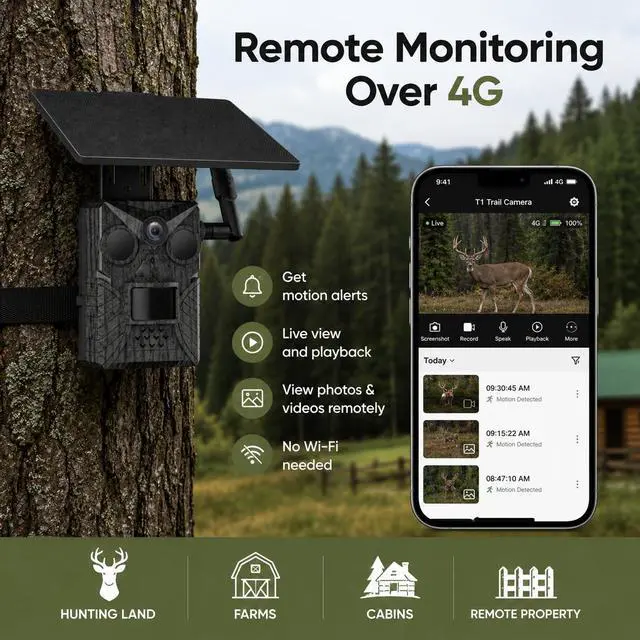 Alt view image 3 of 7 - 4G LTE Trail Camera with Solar Panel, 33MP Photos&2K Video, No WiFi Cellular Game Camera with You Own SIM Support, AI Wildlife Detection, Remote APP Access for Deer Hunting, Farm&Outdoor Security