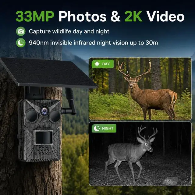 Alt view image 5 of 7 - 4G LTE Trail Camera with Solar Panel, 33MP Photos&2K Video, No WiFi Cellular Game Camera with You Own SIM Support, AI Wildlife Detection, Remote APP Access for Deer Hunting, Farm&Outdoor Security