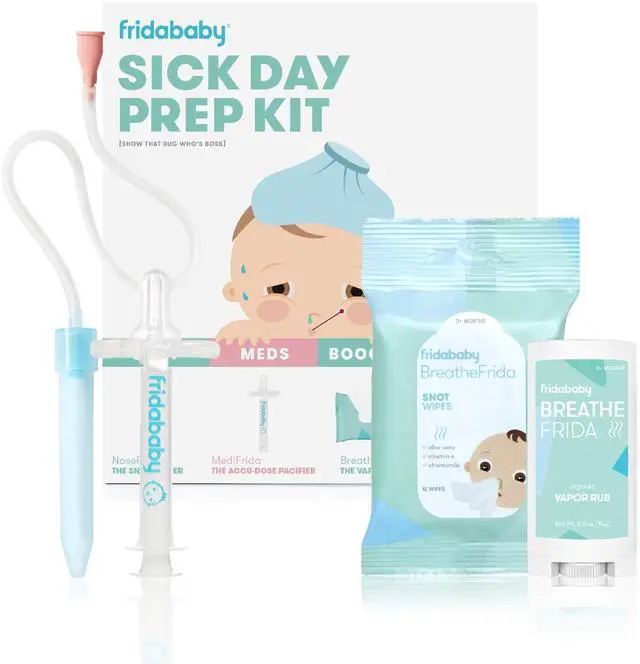 Main image of Baby Sick Day Prep Kit, 4pc Set, Essentials Includes NoseFrida Nasal Aspirator, MediFrida Pacifier Medicine Dispenser, Breathefrida Vapor Chest Rub + Snot Wipes, Soothe Stuffy Noses for Babies