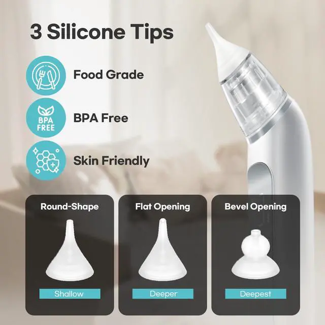 Alt view image 3 of 7 - Nasal Aspirator for Baby, Electric Nose Aspirator, Nose Sucker, Automatic Nose Cleaner with 3 Silicone Tips, Adjustable Suction Level, Music and Light Soothing Function - FSA/HSA Eligible
