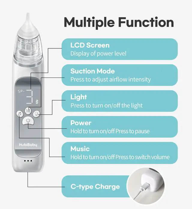 Alt view image 7 of 7 - Nasal Aspirator for Baby, Electric Nose Aspirator, Nose Sucker, Automatic Nose Cleaner with 3 Silicone Tips, Adjustable Suction Level, Music and Light Soothing Function - FSA/HSA Eligible