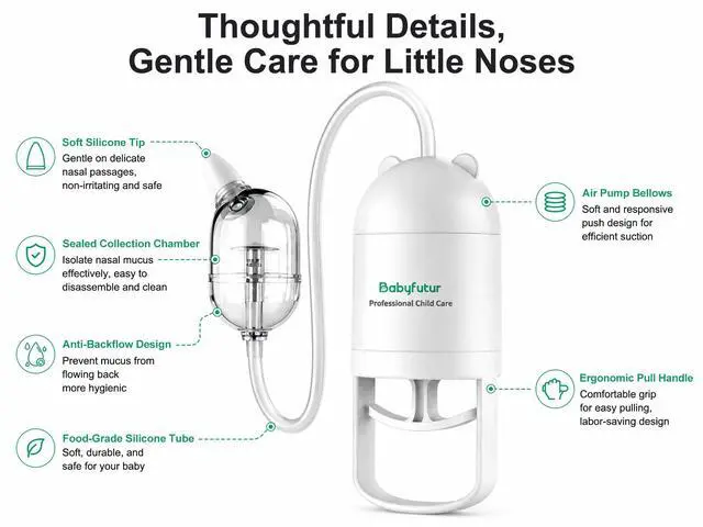 Alt view image 2 of 7 - Baby Nasal Aspirator for Newborns & Toddlers Manual Nose Sucker, BPA-Free Soft Silicone Tips, Anti-Reflux Design, Easy to Clean, with Storage Box & Booger Clip