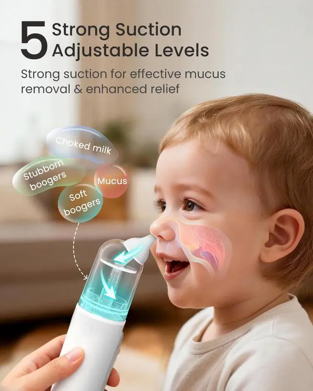 Alt view image 2 of 7 - Nasal Aspirator for Baby, Upgraded 5 Suction Levels Baby Nose Sucker, IPX7 Waterproof Electric Nose Suction for Baby, Booger Sucker for Toddlers with Automatic Cleaning &Music &Light Functions