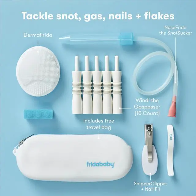 Alt view image 2 of 6 - Baby Basics Kit, 6pc Baby Essentials Kit Includes Nasal Aspirator Snotsucker, NailFrida Nail Files, Windi Gas Relief, DermaFrida Bath Brush + Silicone Carry Case