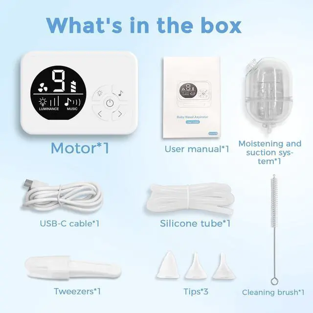 Alt view image 7 of 7 - Nasal Aspirator for Baby, 9 Suction Levels Nose Sucker, Rechargeable Electric Snot Sucker, 3 Levels Night Light & Nursery Rhyme Soothing Function, Food-Grade Silicone Tips