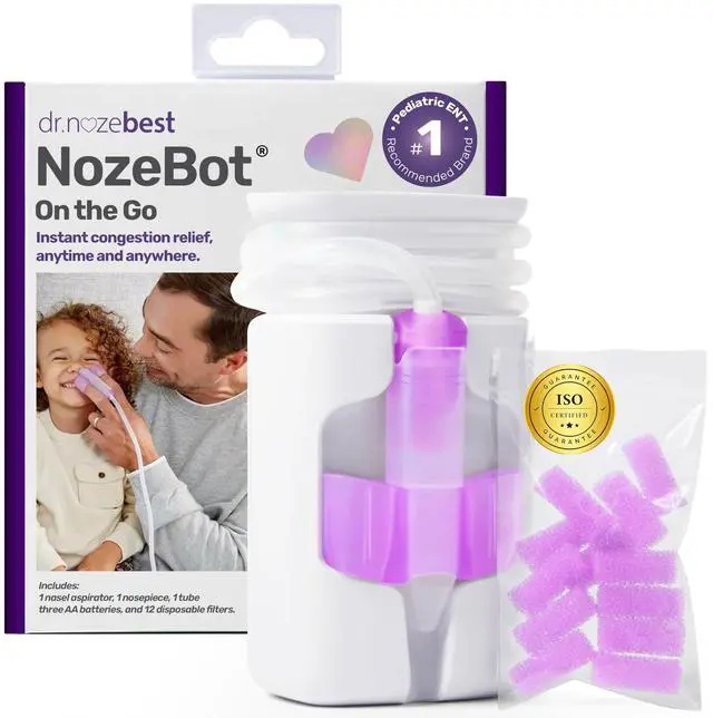 Main image of NozeBot On the Go Nasal Aspirator - Pediatric ENT Designed Electric Nose Sucker for Babies and Toddlers, Portable and Easy to Clean, Battery Powered Relief for Mild Congestion