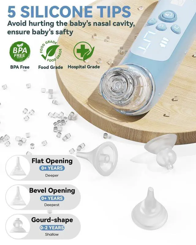 Alt view image 6 of 7 - Nasal Aspirator for Baby, Electric Baby Nose Suction with 5 Adjustable Levels Suction, USB-C Rechargeable Mucus Cleaner with Lights and Music, Baby Nasal Aspirator for Toddler with 3 Silicone Tip