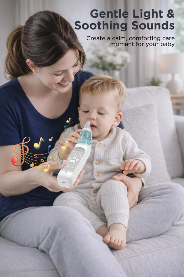 Alt view image 5 of 7 - Electric Nasal Aspirator for Baby, Large Flow, Baby Nose Sucker with 3 Suction Levels, Rechargeable Nose Cleaner for Toddlers, Music and Light Soothing, Soft Silicone Tips