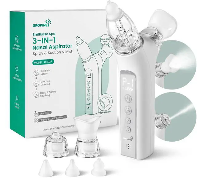 Main image of SniffEase Spa 3-in-1 Nasal Aspirator for Baby Spray, Suction & Mist, Hospital-Grade Powerful Electric Nose Suction with Soothing Light & Music, Larger Chamber (Grey)
