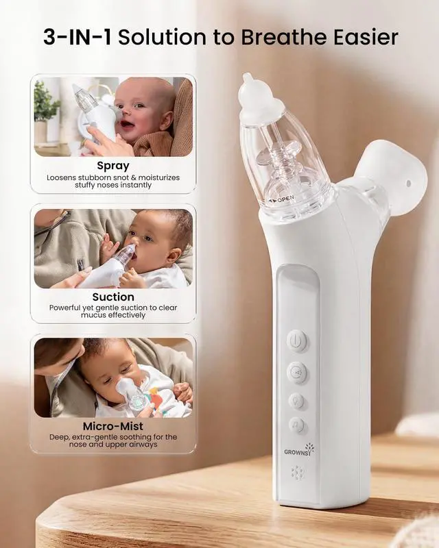 Alt view image 2 of 7 - SniffEase Spa 3-in-1 Nasal Aspirator for Baby Spray, Suction & Mist, Hospital-Grade Powerful Electric Nose Suction with Soothing Light & Music, Larger Chamber (Grey)