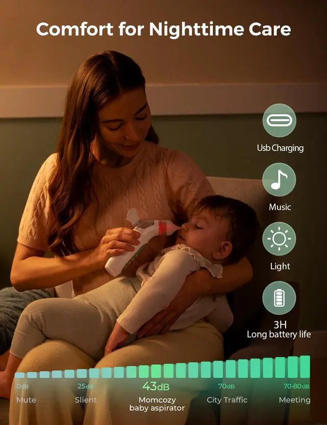 Alt view image 7 of 7 - BreezyClear 2-in-1 Electric Nasal Aspirator for Baby with Spray, 65kPa Hospital-Grade Suction, 4 Levels, Low-Noise Nose Sucker for Baby with Light & Music, Baby Shower & Registry Gifts