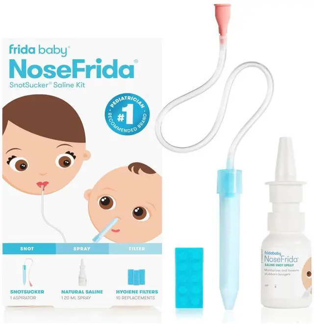 Main image of Baby Saline Kit, Cold & Flu 12 pc Set Includes NoseFrida Nasal Aspirator for Baby, Nose Sucker, Saline Nasal Spray with 10 Extra Hygiene Filters, Nasal Spray Decongestant, 0.68 fl oz
