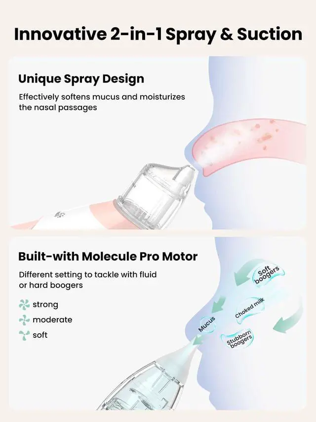 Alt view image 2 of 7 - 2-in-1 Baby Nasal Aspirator, Electric Nose Spray & Suction, Pink