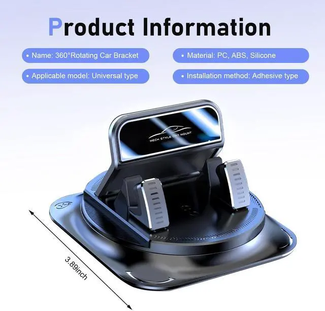 Alt view image 2 of 7 - Car Dashboard Phone Holder, Rotating One-Hand Operation Bracket with Anti-Slip Base, Auto-Locking Secure Navigation Stand, Waterproof Easy Clean Mount for Most Phones and Decives (Black)