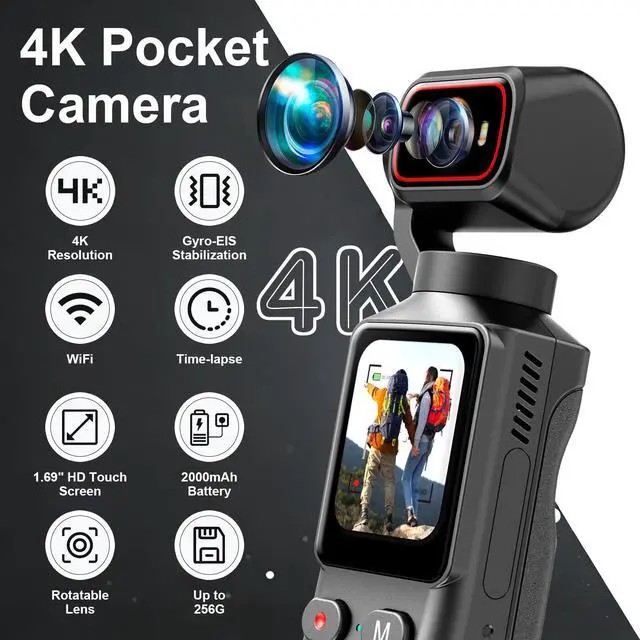 Alt view image 2 of 7 - 4K Handheld Vlogging Camera, WiFi Pocket Action Camera, Anti-Shake Body Cam