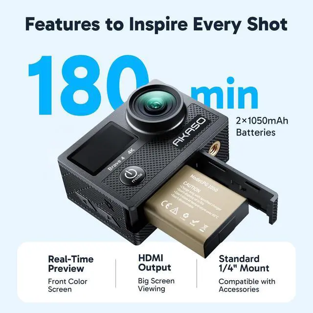 Alt view image 7 of 7 - Brave 4 Action Camera 4K 30fps Ultra Hd Video 20MP Photo, EIS, WiFi, 2X Batteries, Waterproof Underwater Camera, Camcorder Bundle for Snorkel, Travel, Motorcycle, Bicycle, Helmet Accessories Kit