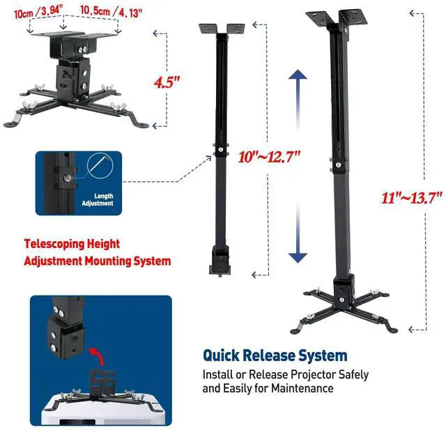 Alt view image 4 of 5 - Projector Ceiling Wall Mount Adjustable Height from 11 to 13.7 Inches Bracket with Extendable Arms Low Profile Holder Hanger for Home Office Compatible with Epson Optoma Benq (Black)