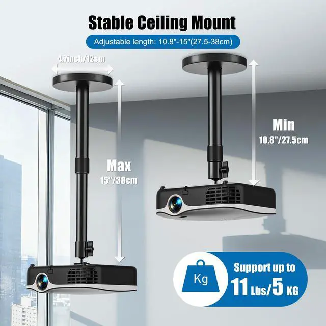 Alt view image 3 of 7 - Projector Ceiling Mount, 10.8" - 15" Extendable Length Ceiling Projector Stand with 1/4" Screw, Compatible with TMY, HAPPRUN, Aurzen & Most Device, 360° Rotation & 120° tilt for Ceiling Wall Use