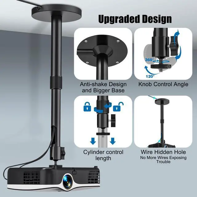 Alt view image 4 of 7 - Projector Ceiling Mount, 10.8" - 15" Extendable Length Ceiling Projector Stand with 1/4" Screw, Compatible with TMY, HAPPRUN, Aurzen & Most Device, 360° Rotation & 120° tilt for Ceiling Wall Use