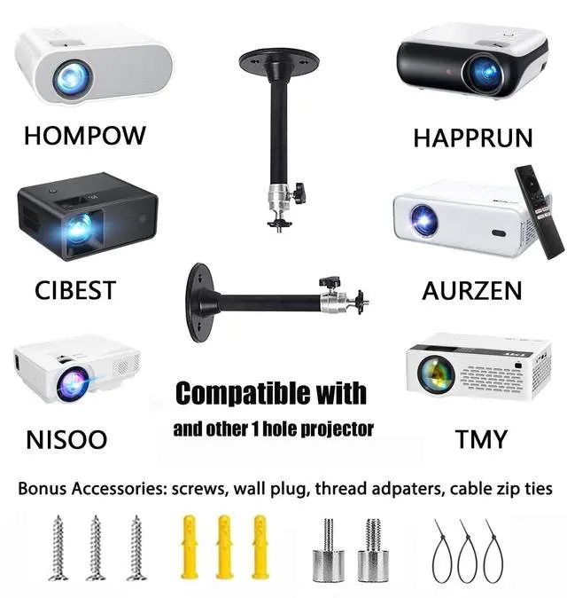 Alt view image 6 of 7 - Mini Projector Ceiling Mount 360° Adjustable Projector Wall Mount Length 7in / 18cm Projectors Mounts Black