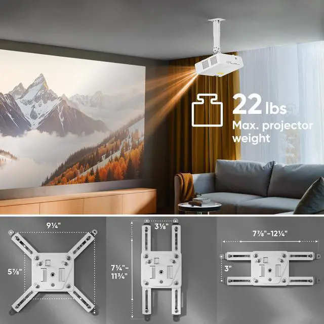 Alt view image 2 of 6 - Projector Ceiling Mount, 22 lbs Load Capacity, Height Adjustable Projector Mount Ceiling & Wall, Swivel and Tilt, Extendable Arm, Universal Mounting Bracket for Home Cinema, Office, White