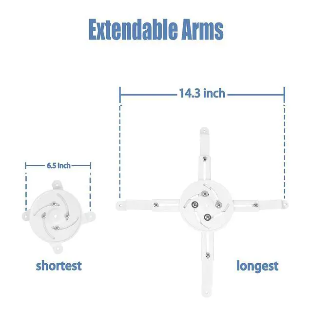 Alt view image 4 of 7 - Full Motion Universal Projector Ceiling Mount Bracket with Adjustable Extendable Arms Rotating Swivel Tilt and Low Profile Mount for Home and Office Projector (White)