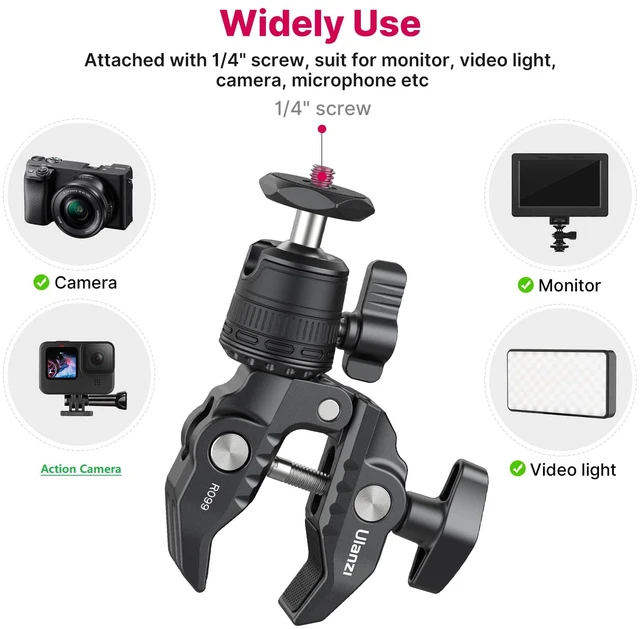 Alt view image 3 of 7 - R099 Super Clamp Camera Mount with 360° Ballhead | Clamps 0.51-2.36in Pole Tube, 3.3lb Load, for Bike Motorcycle Handlebar Insta360 GoPro DJI Phone DSLR Light Monitor